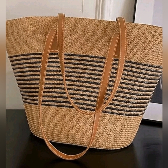 New Striped Straw Woven Tote Bag Purse For Vacations Summer Beach For W… - Picture 3 of 5